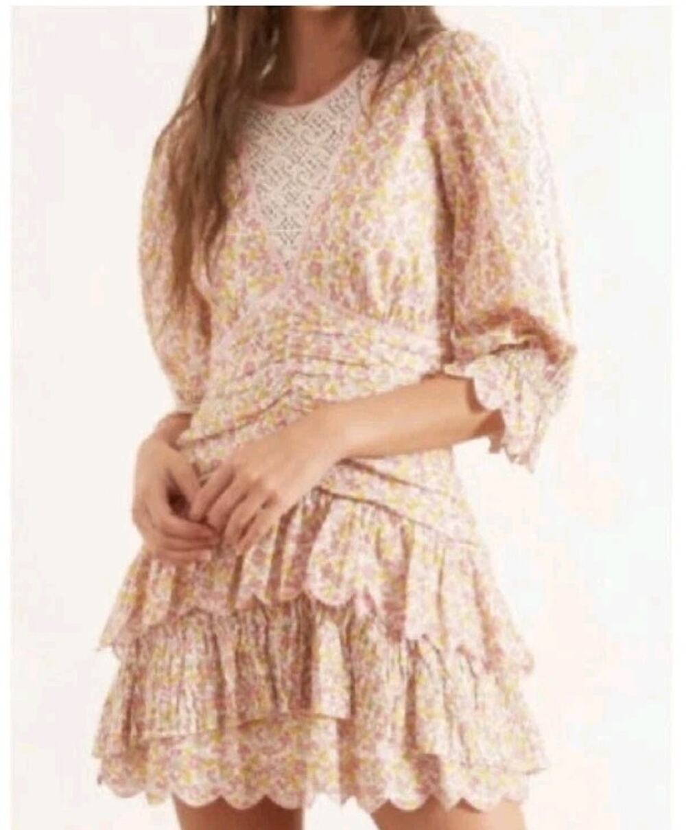 LoveShackFancy Marquise Floral Mini Dress Lace Inset Ruffle Ruched Size 2